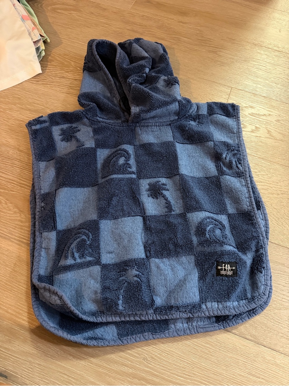Navy Check Hooded Beach Poncho with Wave & Palm Motifs